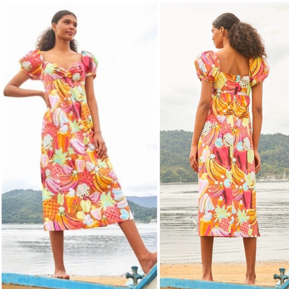 NWT FARM Rio Fruit Salad puff sleeve midi dress, size XL - Picture 2 of 13